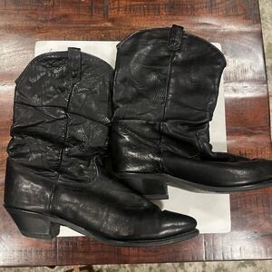 VINTAGE 1980s DINGO BOOTS SLOUCH BLACK LEATHER 7 M GRUNGE METAL GRUNGE VTG